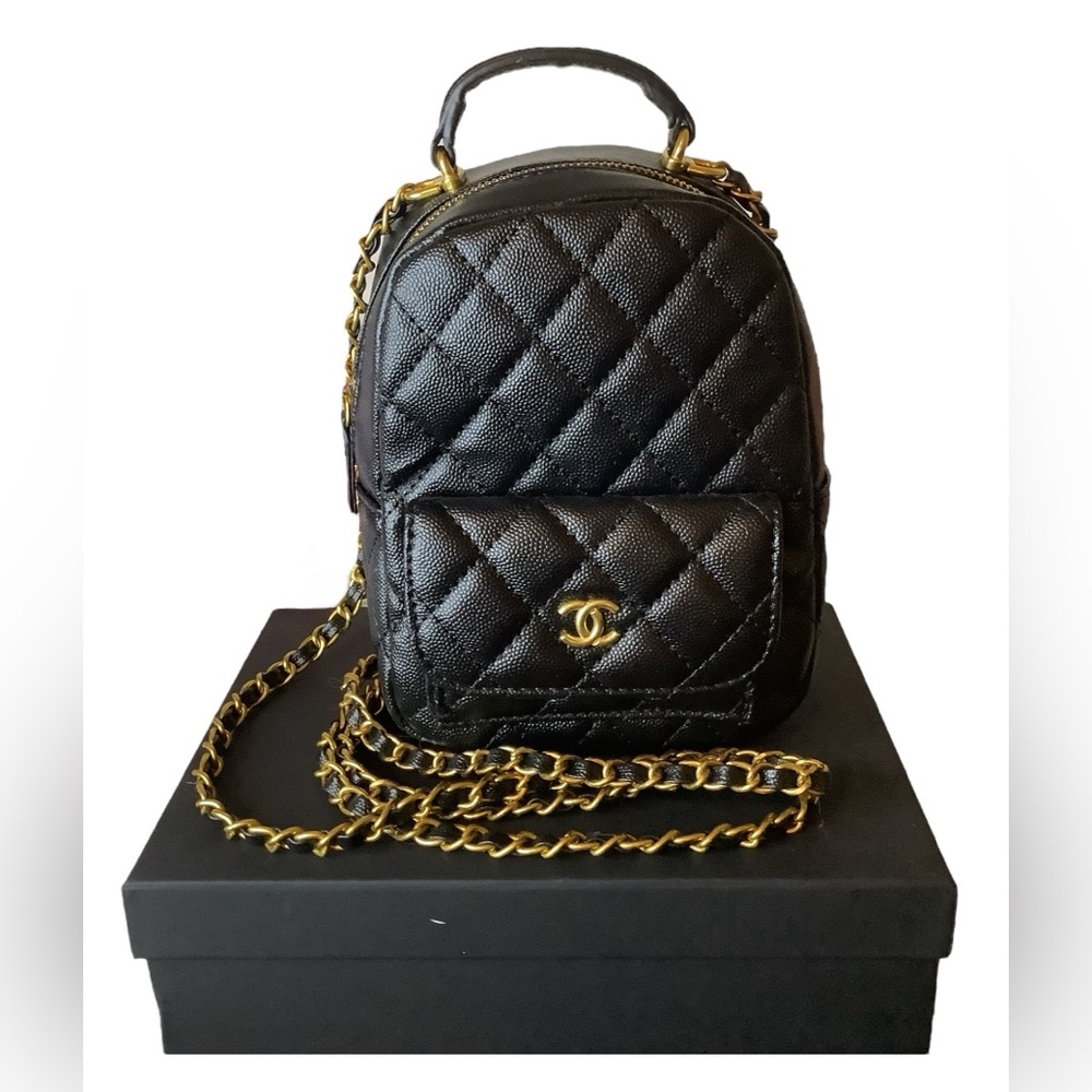 CHANEL Black Quilted Mini Backpack with Gold Chain